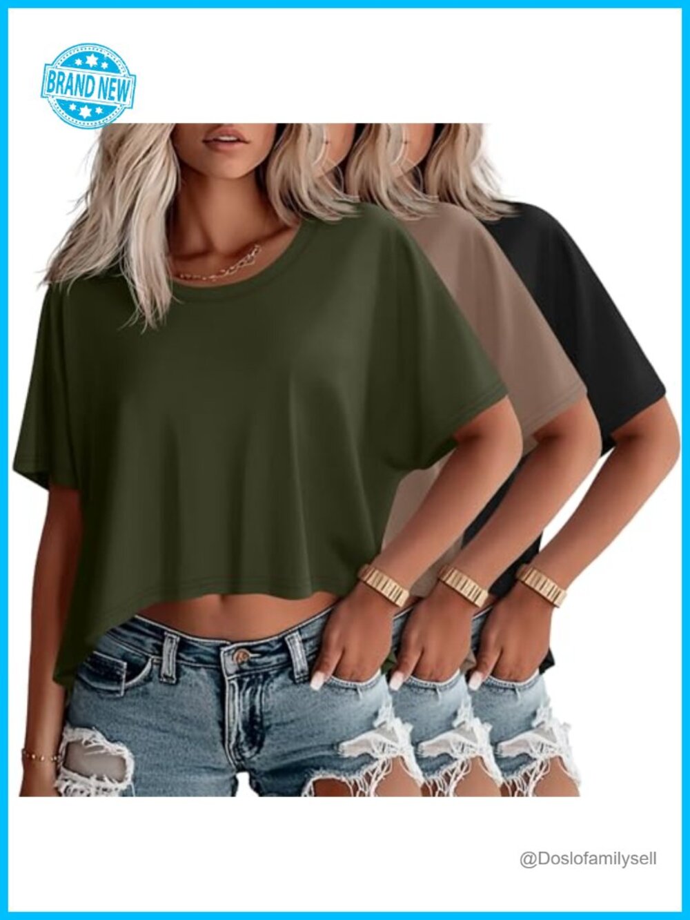 Oversized Cropped T Shirts 3 Pack Loose Fit Crew Neck Casual Tees